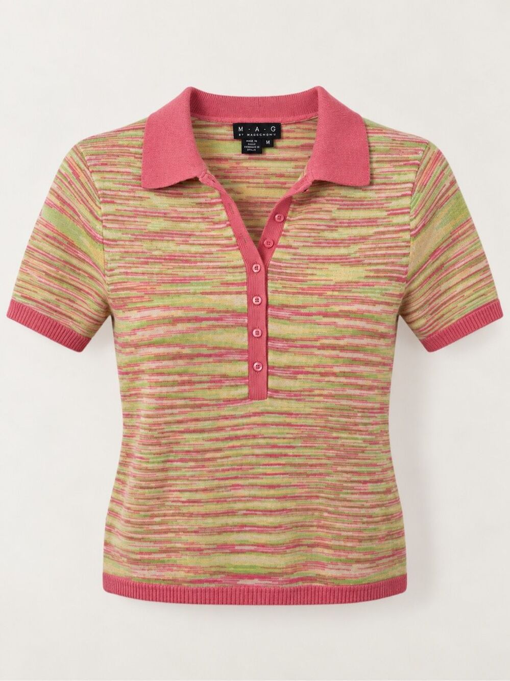 MAG Magaschoni 100% Cashmere Polo Sweater Size Medium Striped Y2K Pink Green